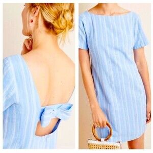 Anthropologie Women’s 8 Back Bow Linen Blend Mini Dress Blue Resort Coastal New